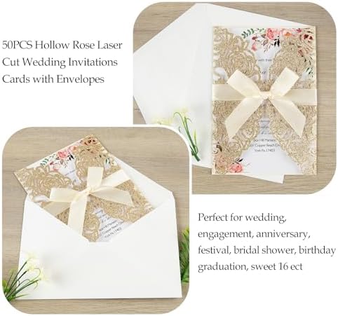50Pcs Laser Cut Invitations with Envelopes and RSVP Cards Gold Glitter - Image 2
