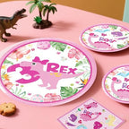314Pcs Three Rex Birthday Decorations Serves 25 Guests, All-in-One Pink Dinosaur Birthday Decorations Includes Balloon Arch Kit, Banner, Plates, Balloons Box, Tablecloth, Cake Topper - Image 5