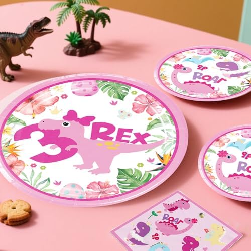 314Pcs Three Rex Birthday Decorations Serves 25 Guests, All-in-One Pink Dinosaur Birthday Decorations Includes Balloon Arch Kit, Banner, Plates, Balloons Box, Tablecloth, Cake Topper - Image 5