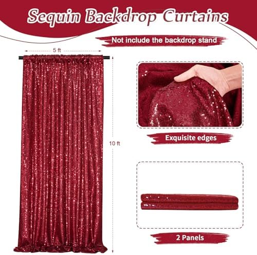 Burgundy Sequin Backdrop 2 Pcs 5FTx10FT Glitter Backdrop Curtains Birthday Party Decoration Photography Backgrounds Fabric Backdrop - Image 3