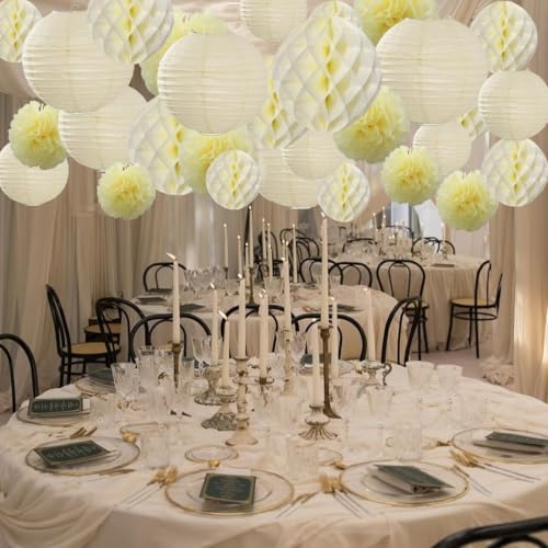 WOLHOWLTD Beige Paper Decoration Set - 34 Pcs Paper Lanterns, Pompoms, Honeycomb for Wedding,Harvest, New Year,School Day,Bridal Baby Shower,Birthday Party Classroom,Home Garden Decoration (Beige) - Image 3