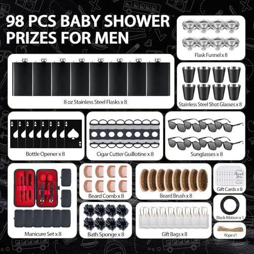 Baby Shower Prizes for Men 8 Set with 8oz Stainless Steel Hip Flask Bottle Opener Manicure Kit Bath Sponge Sunglasses Gift Bag Baby Shower Game Prizes for Winner Bachelor Party (Black, 8 Sets) - Image 3