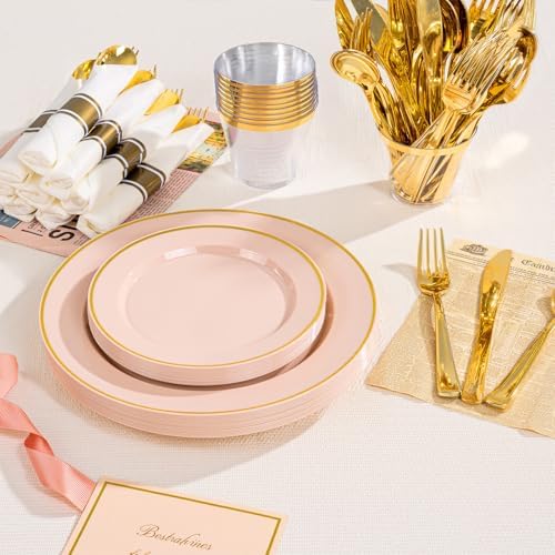 SUT 175 Pcs Pink and Gold Plastic Dinnerware Set for 25 Guests, Include: 25 Dinner Plates, 25 Dessert Plates, 25 Pre Rolled Napkins With Silverware, 25 Cups, Disposable Plates for Baby Shower, Party - Image 6