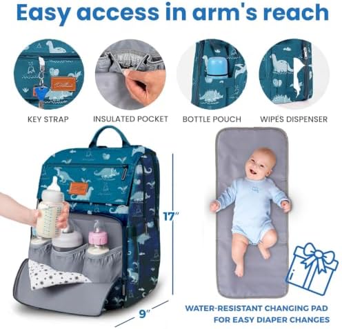 PILLANI Baby Diaper Bag Backpack - Large Waterproof Travel Diaper Bag for Boys & Girls, 16 Organizer Pockets with Changing Pad, Insulated Bottle Pockets & Stroller Straps, Baby Shower Gifts, Dinosaur - Image 5
