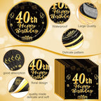 Funnymoom 452 Pcs 40th Birthday Party Decorations Set for Men Women, Black and Gold Happy 40th Birthday Paper Plates Napkins Cups Tablecloth Cutlery Straws for Cheers to 40 Years Anniversary Party - Image 3
