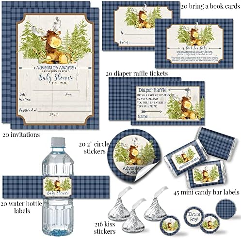 Amanda Creation Adventure Awaits Cute Moose Boy Baby Shower Party Bundle Includes 20 each of Invitations with Envelopes + 4 Different Sizes of Decorative Stickers, Diaper Tickets & Bring a Book Cards - Image 2