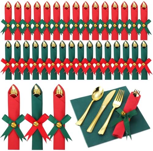30 Set Christmas Pre Rolled Cutlery Napkins, Red and Green by Lanties