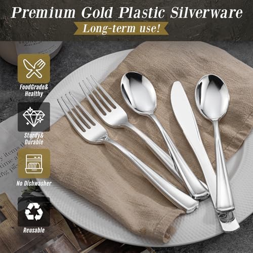 WDF 500PCS Silver Plastic Silverware - Plastic Silver Utensils - 250 Forks 125 Spoons 125 Knives - Heavy Duty Disposable Silverware Sets for Party/Baby Shower/Wedding - Image 5