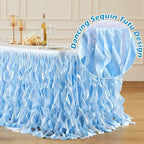 Wish Care 6ft Light Blue Sequin Table Skirt for Rectangle Tables Glitter Curly Willow Tutu Skirt Ruffle Table Cloth Desk Skirts for Birthday Baby Shower Ocean Baby Shark Party Cake Table Decorations - Image 4