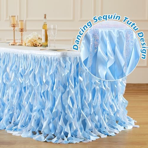 Wish Care 6ft Light Blue Sequin Table Skirt for Rectangle Tables Glitter Curly Willow Tutu Skirt Ruffle Table Cloth Desk Skirts for Birthday Baby Shower Ocean Baby Shark Party Cake Table Decorations - Image 4
