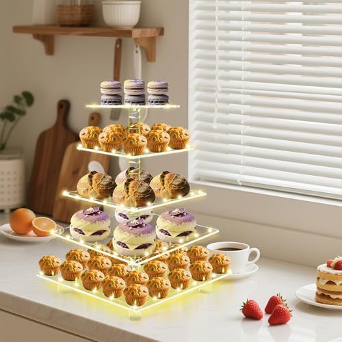 5 Tier Cupcake Stand,Clear Tiered Cupcake Tower with String Lights, Large Square Cupcake Holder Dessert Display for Baby Shower, Tea Party and Wedding - Image 5