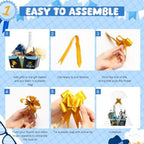 Funnymoom 24 Pcs Happy Father's Day Basket for Gifts Empty 9.8x6.5'' Blue Black Men's Suits Dad Gift Market Tray Cardboard Basket with Handle, Transparent Bag and Gold Bows for Holiday Birthday Party - Image 4