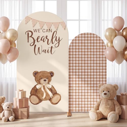 Remagr 2 Pcs We Can Bearly Wait Arch Backdrop Covers (7.2ft, 6ft) Tan Gingham & Teddy Bear Arch Covers Baby Shower Decorations with Checkered Pennant Banner for Baby Shower Party Decor Props by Remagr