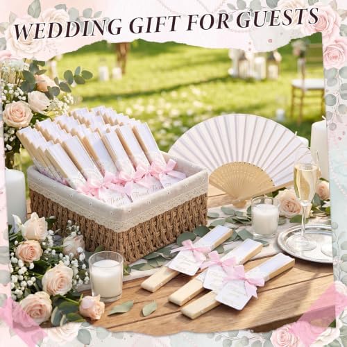 Beeveer 50 Sets Folding Wedding Fan Favor for Guest with Basket, Ready to Use Bulk White Folding Hand Paper Fan with Bow Ribbon Thank You Tag, Bridal Shower Wedding Party Favor Gift (Pink,Daisy) - Image 3