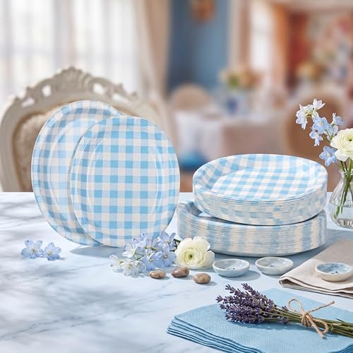 Pajean 350 Pcs Gingham Paper Plates and Napkins, Blue White - Image 2