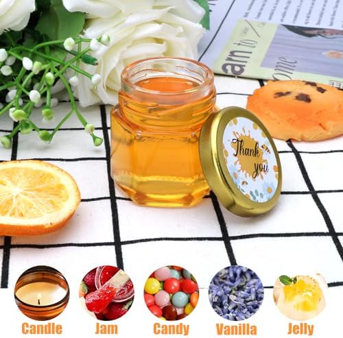 XING-RUIYANG 60 pack 1.5 oz Mini Honey Jars，baby shower favors,There's honey sticks, bee pendants, stickers and gold goodie bags，Suitable for wedding party gifts - Image 7