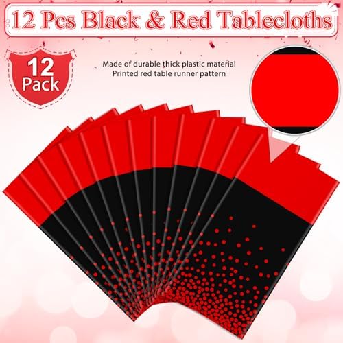 MASHAN 12Pcs Black and Red Tablecloth Party Decorations,Plastic Black Table Cloth Printed Red Table Runner Disposable Rectangle Cover for Birthday Weeding Anniversary Graduation Party,54 x108 Inch - Image 4