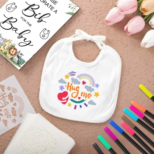 SytuHe 95 Pcs DIY Baby Bibs Decorating Kit50 White Bibs 24 Stencils 20 Fabric Markers 1 Baby Shower Game Sign - Image 4