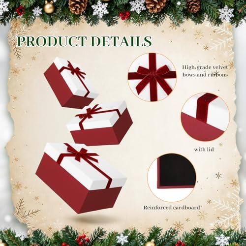 Cholemy 5 Pcs Christmas Nesting Gift Box with Lid Velvet Ribbon, Wine Red - Image 3