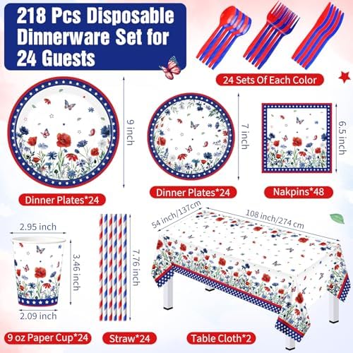 Funnymoom 218 Pcs Patriotic Floral Party Decorations Paper Plates Serve 24 - Image 3