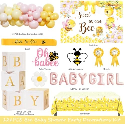 Bee Baby Shower Decorations for Girl – 126PCs Honey Bee Themed Party Supplies Set with Sweet as can Bee Backdrop, Pink Yellow Balloon Garland Kit, Tablecloth, Sash, Badges - Image 2
