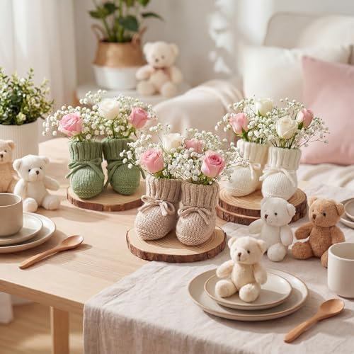 Jiuguva 6 Pcs Neutral Baby Shower Booties Decor, White, Green, Light Camel - Image 6