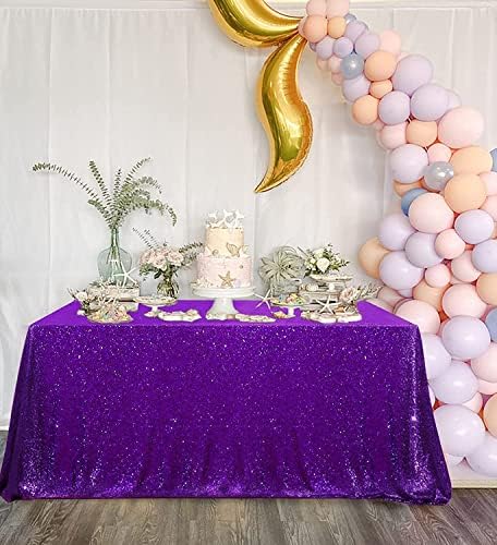 Sequin Tablecloth 90"x132" Rectangular Seamless Purple Party Tablecloth by QueenDream