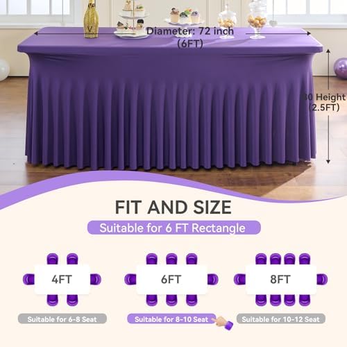 Spandex Tablecloth 6FT Rectangle Table Cover 4 Pcs Deep Purple Wrinkle-Free - Image 6