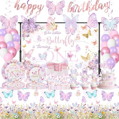 316 Pcs Butterfly 1st Birthday Party Decorations, Pink Our Little Butterfly is Turning One Party Supplies Include Backdrop, Hanging Swirls, Plates, Cups, Tablecloth, Cupcake Toppers, Latex Balloons by Unknown