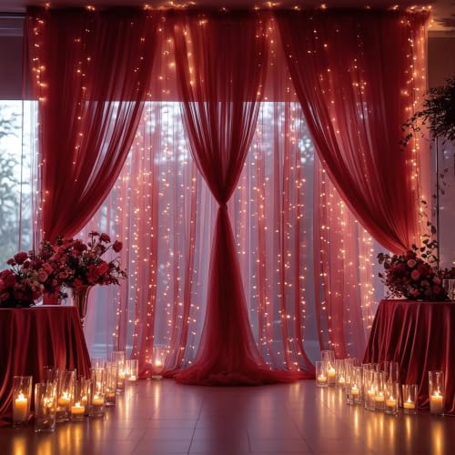 30×10ft Burgundy Tulle Backdrop Curtain with Lights String for Parties, Sheer Photo Backdrop Curtains for Wedding Party Photography Background - Image 2