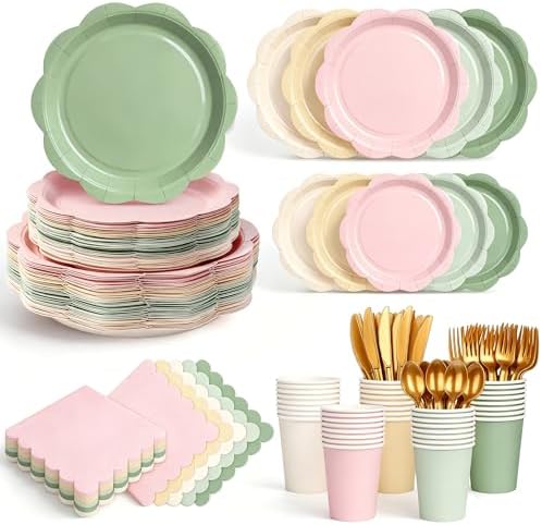 350 Pcs Sage and Pink Paper Plates and Napkins Party Supplies - Pink and Green Birthday Decoration Include Dusty Pink Sage Green Scalloped Plate Napkin Cup & Cutlery for Baby Shower, Wedding, Birthday by Unknown