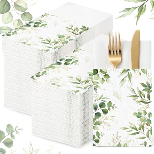 Potchen 100 Pcs Linen Feel Napkins Disposable, Green Eucalyptus Leaf by Potchen