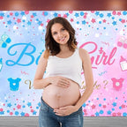 10x8 FT Gender Reveal Boy Or Girl Photo Backdrop He Or She What Will Baby Be Blue Pink Footprints Glitter Dots Star Party Decorations Photography Background Polyester - Image 2