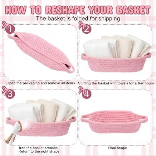 Pink 12 Set Small Woven Gift Basket with Gift Bags Ribbons Empty Gifts Baskets Woven Rope Storage Basket with Handles for Birthday Baby Shower Nursery Toy Organizer 9.1"x 5.1" x 2.8" - Image 4