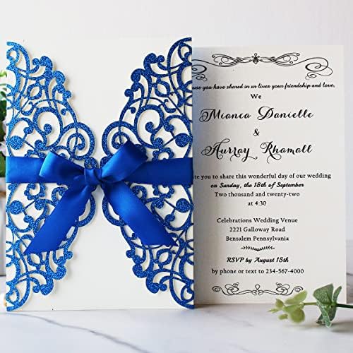 Hosmsua 50PCS Laser Cut Wedding Invitation Cards with Bowknot and Envelopes 5.12 x 7.3''Lace Rose invitation for Sweet 16 Bridal Shower Wedding Invite (Royal Blue Glitter) - Image 3