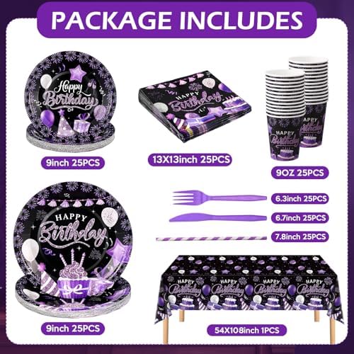 Norme 176 Pcs Purple and Black Birthday Tableware Set Birthday Decoration Includes Tablecloth Paper Plates Napkins Paper Cups Forks Knifes and Straws for 25 Guests Party Supplies (Modern) - Image 2