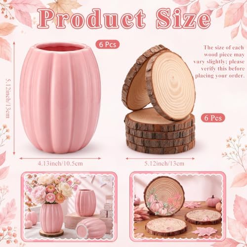 Rtteri 6 Set 5.12" Ceramic Pumpkin Vase with Wood Slices Glazed Fall Flower Pots for Autumn Home Decor Smooth Pottery Planter Pack for Thanksgiving Tabletop Decoration Housewarming Gifts (Pink) - Image 2