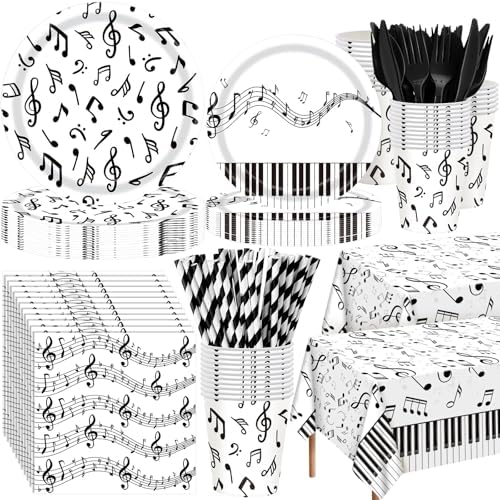 Potchen 452 Pcs Music Notes Plates Napkins Party Supply, White Black by Potchen
