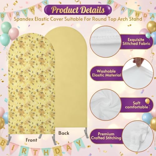 Yellow Summer Arch Backdrop Cover 7.2 ft Modern Bees Honeycomb 2 Sided Wedding Arch Covers Stretchy Backdrop Round Top for Birthday, Party, Baby Shower Decorations - Image 3