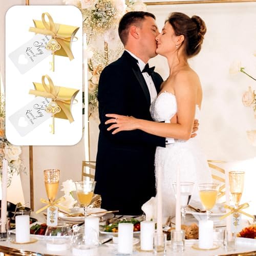 100 Sets Vintage Key Bottle Opener Wedding Favors, Wedding Party Souvenir Gift for Guests with Thank You Tag Card Pillow Candy Box and Satin Ribbon (Gold) - Image 5