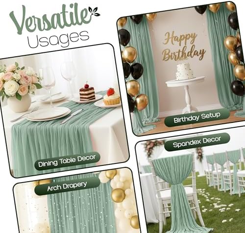 12 Pack Sage Green Cheesecloth Table Runners 10FT Long – 35 x 120 Inch Boho Gauze Table Runners for Engagement, Wedding, Baby Shower & Home Decor – Soft Wrinkled Polyester Fabric - Image 6