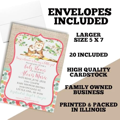 Amanda Creation Pink Watercolor Owl Baby Shower Invitations for Girls, Baby Shower Invitations with Owls, 20 Personalized 5x7 Double-Sided Cards with White Envelopes, Made in USA - Image 6