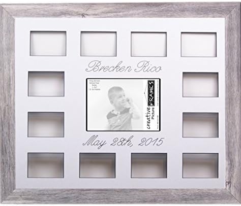 Creative Picture Frames Custom Calligraphy 12 Month Timeline Newborn Collage 18 By 22-Inch Picture Frame With White Mat And Wall Hangers, Driftwood by CreativePictureFrames