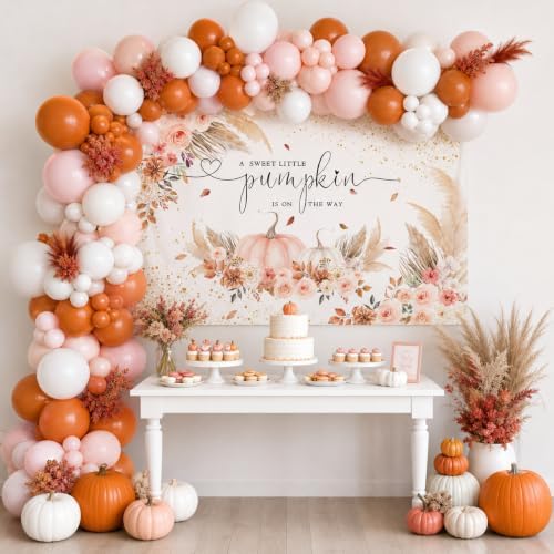Mocsicka Pumpkin Backdrop for Girl Boy Autumn Fall Baby Shower Party Decorations Boho Blush Floral A Little Pumpkin is On The Way Baby Shower Cake Table Banner (Pink, 10x8ft(120''x96'')) - Image 2