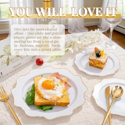 WDF 200PCS White and Gold Plastic Plates - Gold Plastic Plates - Include 100 Dinner & 100 Dessert Disposable Party Plate - Fancy Disposable Plate for Wedding/Baby Shower - Image 4