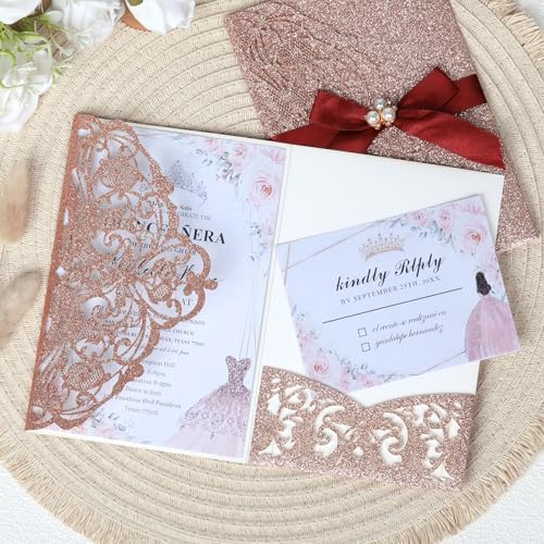 25Pcs Tri-Fold Glitter Wedding Invitations with RSVP Cards and Envelopes - Image 3