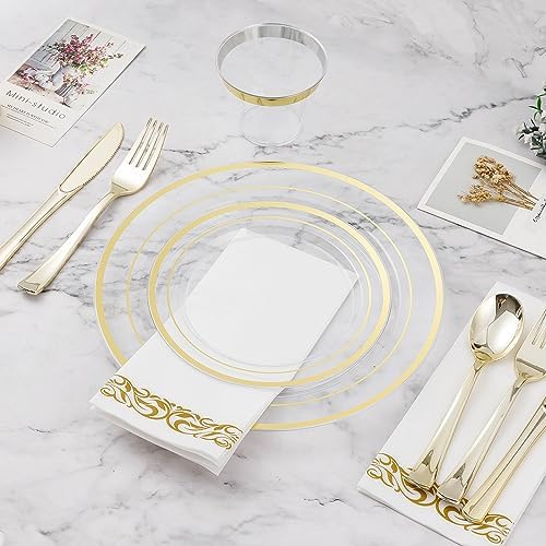 BESTVIP 175 PCS Clear Gold Plastic Plates and Silverware Set Disposable - Image 3