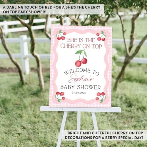 Andaz Press Personalized She's The Cherry on Top Baby Shower Decorations, Custom Pink Gingham Cherry Themed Party Decorations Baby Shower Welcome Sign Decor, 16x20 Inch - Image 6