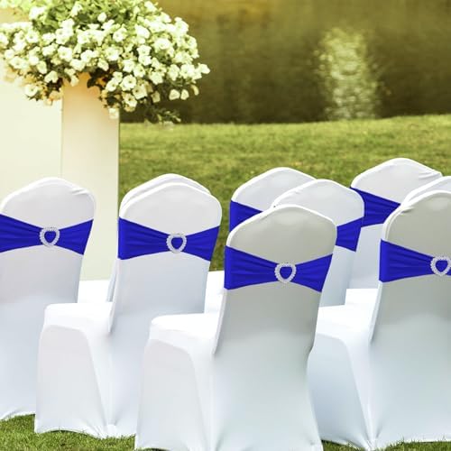 100PCS Spandex Stretch Royal Blue Chair Sashes Bows Universal Elastic Chair Cover Bands Ties with Buckle Slider for Wedding Party Ceremony Reception Event Banquet Decoration(Royal Blue) - Image 6