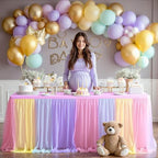 Wish Care 2 Pack Rainbow Tulle Tablecloth for 6 Foot Rectangle Tables Double Layer Tulle Tutu Skirt Unicorn Ruffle Pastel Table Cloth Stretch Fitted Table Covers for Girls Birthday Baby Shower Party - Image 3
